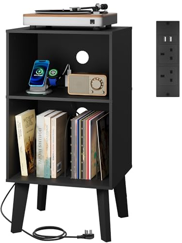WLIVE 3-Tier Record Player Stand, Charging Station, Turntable Stand Cabinet | 2 AC Outlets & 2 USB Ports,Adjustable Dividers and Vinyl Storage, Holds Up to 150 Records for Turntables, Albums & Media Gear