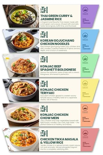 iTz noT Meat Meals Combo – 6 High Protein Ready Meals | Thai Green Curry, Chicken Teriyaki, Chicken Tikka Masala, Gochujang Noodles, Spaghetti Bolognese & Chow Mein | Low Carb
