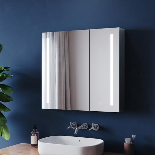 ZANOFIRA Illuminated LED Bathroom Mirror Cabinets with Shaver Socket, Concealed Storage Bathroom Cabinets Ready Assembled Double Mirrored Door with 3 Colors Dimmable, 700 x 650 mm, Speckled Gray
