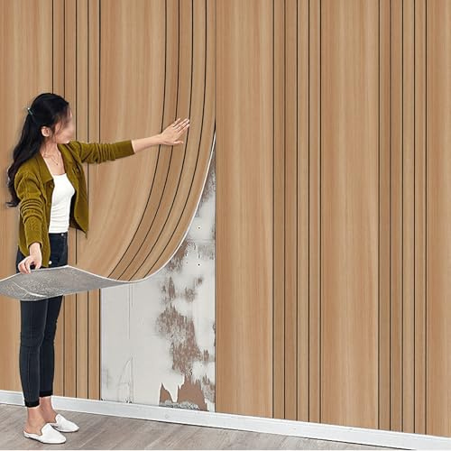 5Roll Thick Faux Wood Slat Wallpaper, Peel and Stick 3D Foil Insulation Self Adhesive Wall Panels Brown Wallpaper Sound Absorbing Wooden Slats for Bathroom, Bedroom, Kitchen, Living Room 40cm*3m