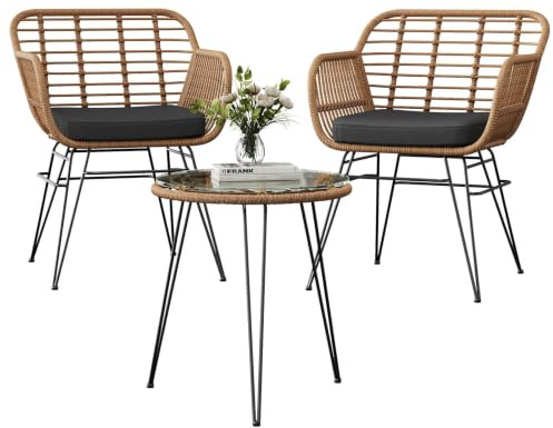 3-teilig Rattan Balkonmöbel Set, 2 Stühle mit Sitzkissen + Glastisch, Braun | Wetterfestes, Abnehmbare Dicke Sitzkissen, Gehärteter Glastisch, Nutzbar für Terrasse, Garten, Innen und Außenbereich