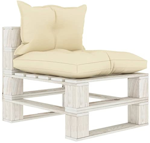 HETFTJN Paletten-Mittelsofa mit Polstern, Gartensofa aus Kiefernholz, Outdoor-Lounge-Möbel für Terrasse & Balkon, inkl. Creme & Weiß Kissen, 60 x 67,5 x 60,8 cm
