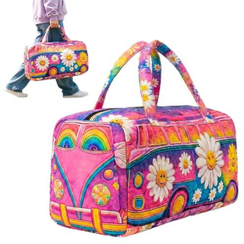 Hojalis Hippie Van Quilted Duffle Bag, Hippie Bus Tasche Mit Verstellbarem Tragegurt, Boho-Wochenendtasche, Reisetasche Hippie Bus Design, Bag–Boho-Wochenendtasche Für Urlaub & Party 45cm*22cm*22cm