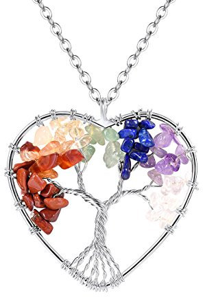 FOCALOOK Collier Femme Long Plaqué Or Blanc Chaîne Pendentif Coeur Arbre de Vie avec 7 Chakra Pierres Naturelles Bijou Fille Fantaisie