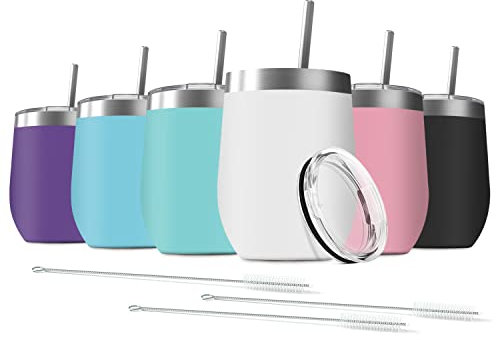 6 Pack 12 oz Stainless Steel Stemless Wine Tumbler with Leakproof Slip Lids, Double Wall Vacuum Insulated Travel Cup Including 12 Straws set,for Coffee, Cocktail, Drink, Tea and Beer(Assorted Colors)