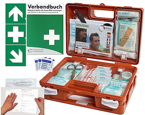 Verbandskoffer/Verbandskasten (K) -Paket 1- Erste Hilfe nach aktueller DIN 13157 für Betriebe -DSGVO- INKL. PERFORIERTEM VERBANDBUCH + Folienaufkleber