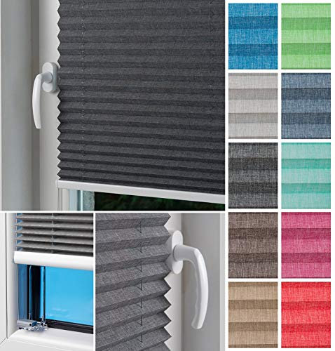 Home-Vision® Plissee Faltrollo ohne Bohren zum Kleben, Innenrahmen, Kollektion Melange Leinenoptik Blickdicht Sonnenschutz Jalousie für Fenster & Tür (Graphit,B90cm x H200cm)