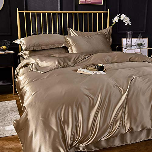 Juegos de fundas para edredón,100 edredón de seda de morera de seda sábana de cama de color sólido solo verano doble seda sola edredón de seda de hielo cubierta de 1,8 m-Dorado champagne_Cama de 1,8
