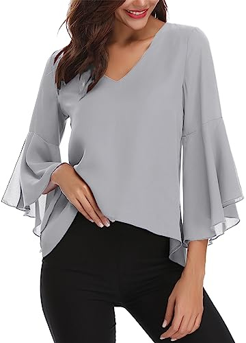 Gyabnw Blouse Femme Tunique Femme Col V Manches 3/4 Mousseline | Blouse fluide et élégante pour bureau, sorties et occasions, facile à porter avec pantalon ou jupe