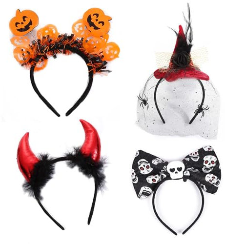 4STK Hexenhut Haarreif Set, Hexenhut Spinnennetz, Halloween Hexe Stirnband Spinnen Haarschmuck Kinder Damen Kopfbedeckung Zubehör für Gruselparty Karneval Fasching Walpurgisnacht Halloweendekoration