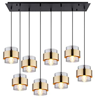Globo Lámpara de techo LED con 8 focos con cristal ahumado y anillos de latón, 103 cm