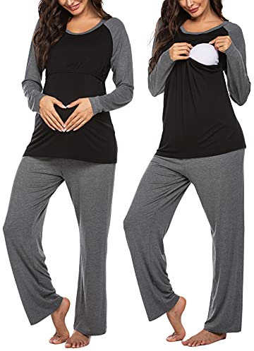 Ekouaer Pyjama d'allaitement pour Femme pour hôpital Manches Longues Modal de Grossesse Ensemble Pyjama 2 pièces Nero Gris L