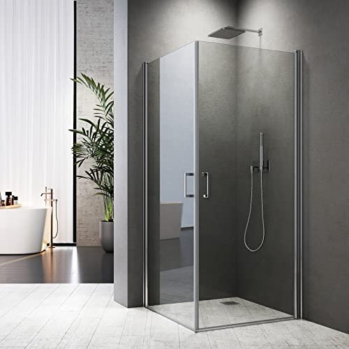Duschabtrennung Glas Komplett 90x90x195cm, Duschabtrennung Eckeinstieg Duschtür Doppel Pendeltüren Duschwand Schwingtür 6mm EGS Glas NANO Beschichtung