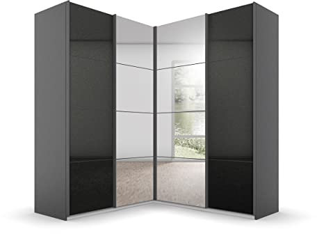 Rauch Möbel Quadra Schrank Eckschrank Schwebetürenschrank, Grau metallic/Hochglanz Effektgrau, Schwarz, 4-trg. mit Spiegel, inkl. 2 Kleiderstangen, 12 Einlegeböden, 3 Schubladen, BxHxT 181x210x187 cm