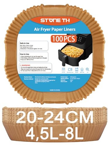 100 Piezas Papel para Freidora de Aire, Stone TH 20-24cm Pergamino Desechable Air Fryer para 4,5L-8L Sartenes, Horno