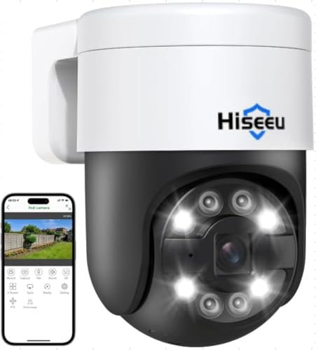 Hiseeu 【Auto Tracking +2-Way Audio】 5MP PoE Wired Security Camera Outdoor,PTZ 300°Pan 90 Tilt Digital Zoom,CCTV Home Security Cameras,Spotlight Alarm,Human Detection,No Monthly Fee