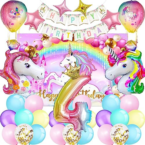 SWOKKTS Einhor Geburtstagsdeko 4 Jahre Set, Geburtstagsdeko Mädchen Einhor, Einhor Deko Kindergeburtstag Mädchen, Einhor Luftballons Helium (Einhor Ballons)