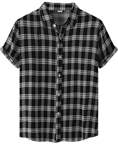 Homme Eté Coton Lin Carreaux Décontracté Chemise Ample Confort Hommes Col Rabattu Chemise à Manches Courtes Polo Shirts Tops de Plage Classique Chemisette Détendu en Forme Hauts Blouse