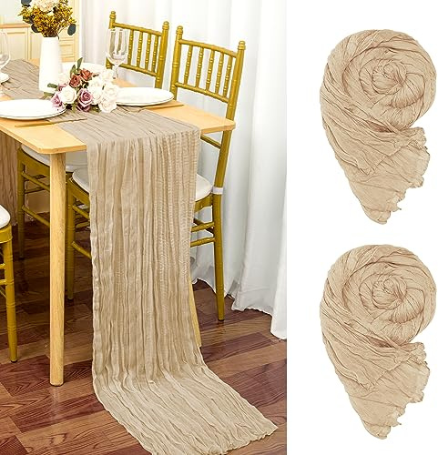 2 Stück Seihtuch-Tischläufer Beige, 90 x 400 cm Hellbraun Rustikaler Gaze-Stoff Boho-Tischläufer Käsetuch Cheesecloth Hochzeit Tischdecke für Hochzeitsfeier Brautparty Tischdekoration
