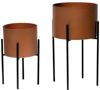 Trendi Set of 2 Versatile Metal Planters With Reversible Stand Plant Pots for Indoor/Outdoor (Bronze/Copper Colour with Black Stand)