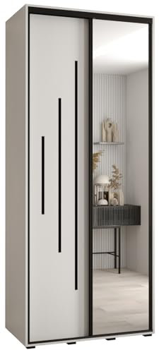 MEBLE KRYSPOL Davos 13 110 Schrank mit Zwei Schiebetüren für Schlafzimmer - Moderner Kleiderschrank mit Spiegel, Kleiderstange und Regalen - 235,2x110x60 cm - Weiß Weiß Schwarz