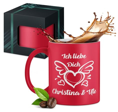 Maverton Keramik Kaffeetasse 330ml mit Gravur - Kaffeebecher mit funktionellem Henkel - personalisierter Keramikbecher für Paar zum Hochzeitstag zu Weihnachten - matt rot - Innen weiß - Flügel