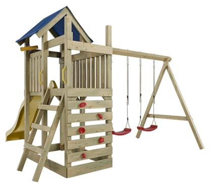 Outgarden Spielturm Klettergerüst Speedy aus KDI-Holz | Spielhaus mit gelber Rutsche & roter Doppel-Schaukel | Sandkasten, Leiter & Kletterwand | Stelzenhaus für Kinder & Garten | 355 x 386 x 258 cm