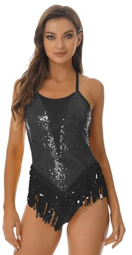 inhzoy Damen Tanzbody Glitzer Pailletten Tanztrikot Leotard Latin Jazz Ballett Ballsaal Kleid Mit Fransen Performance Party Tanzkostüm Schwarz_A&Hut M