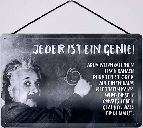 Blechschild mit Kordel 30 x 40 cm Einstein: Jeder ist ein Genie ! Aber wenn du einen Fisch danach beurteilst, ob er auf einen Baum klettern kann ! - Blechemma