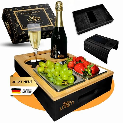 LURETI® Couchbar Snackbox 3-in-1 mit Geschenkbox und EXTRA Sofatablett - Snackspender mit 2 Snackschalen - Holz Snackbox für Sofa, Deko, Couch bar mit Handy und Getränkehalter - Bambus Snackbar