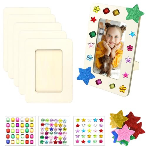 GMMG Bilderrahmen, 6 Stück Holzrahmen Kinder, Diy Holzfarbe Bastelset Holzbilderrahmen Set zum Selbstgestalten mit Selbstklebende Glitzersteine für Geburtstage Jubiläen (16,8 * 12,3 cm)
