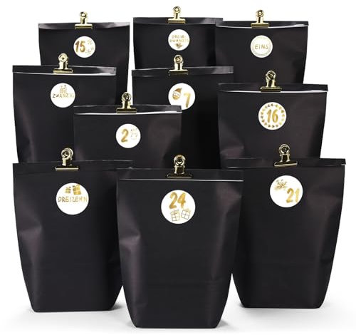 KOHMUI Adventskalender zum Befüllen, 24 Weihnachtskalender Papiertüten zum Selber Basteln, Geschenktüten zum Selbstbefüllen, Elegantem Schwarzen