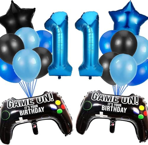 HCRXVV Gamer Deko 11. Geburtstag Junge,11 Jahr Videospiel Geburtstagsdeko,Blaue Ballons Set mit Schwarz Gamecontroller Luftballons für 11th Gamer Kinder Geburtstagsdeko Party Zubehör