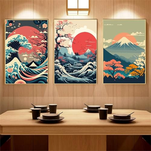 Viusneun 3er Premium Poster Set - Japanische Wanddeko - Japanische Landschaftsposter - Wandbilder Deko für Wohnzimmer und Schlafzimmer - Ohne Rahmen (30x40cm)