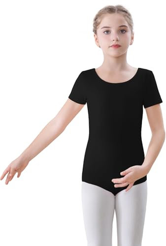 FONLAM Ballettkleidung Turnanzug Mädchen Kurzarm Ballett Trikot Gymnastikanzug Tanzbody Baumwolle Kinder (4-5 Jahre, Schwarz)