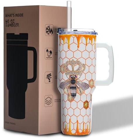 ARCQUESE Gome Queen Bee Becher mit Griff, isolierter Edelstahlbecher mit Deckel und Strohhalm, hält Getränke kalt und heiß, Geburtstags- und Weihnachtsgeschenke für Frauen, nur Handwäsche