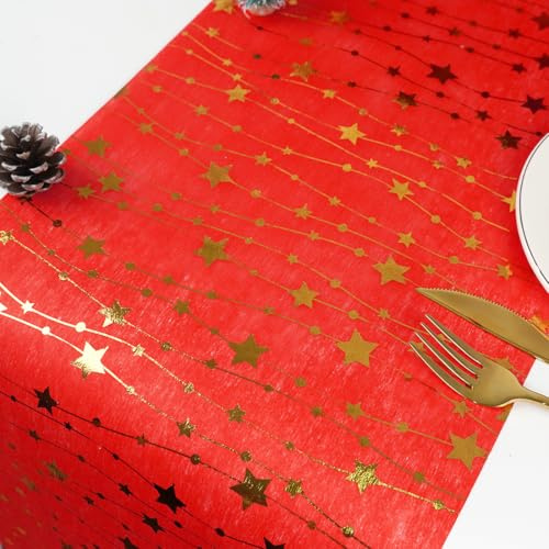 Weihnachten Tischläufer mit Goldenen Sternen, 28cm×500cm tischdecke Weihnachts, Rot Gold Glänzend Tischläufer Vlies, Tischband Weihnachtstischläufer, Tischdeko esstisch für Weihnachten und Advent