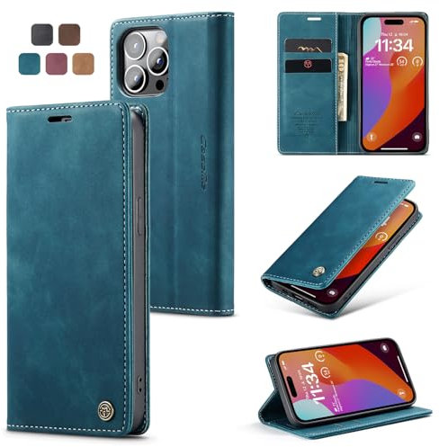 Cracedily for iPhone 15 Pro Case, Wallet Case Flip Leather with Card Holder Magnetic Closure Shockproof Kickstand Protective Phone Cases Cover for iPhone 15 Pro, Blue-Green