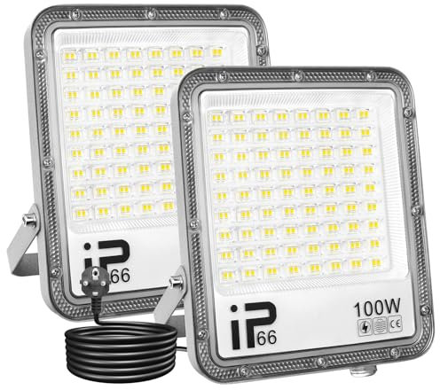 Willpower 2pcs LED Strahler Außen mit Stecker, LED Scheinwerfer 100W 10000LM Außenstrahler 6000K Kaltweiß Fluter Flutlicht Aussenlampe für Garten Garage Hinterhof, IP66 Wasserdicht