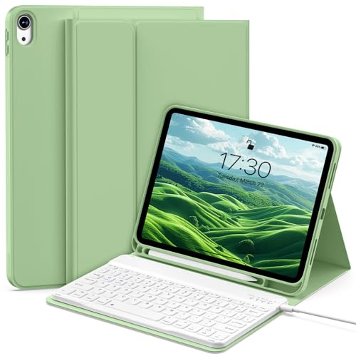 aoub Keyboard Case for iPad A16 11th/10th Generation 10.9 Inch (2025/2022) | Magnetic Detachable Bluetooth Keyboard Case with Pencil Holder for iPad 11 inch 11th/10th Gen, QWERTY UK Layout, Light Green