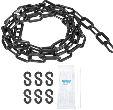 sourcing map Kunststoffkette, 9,2 m, Sicherheitskette, schwarz, Kunststoff-Kettenglied-Barriere mit Kabelbindern und S-Haken für Menschenmengenkontrolle, Warteschlangenschnur, Zaundekoration