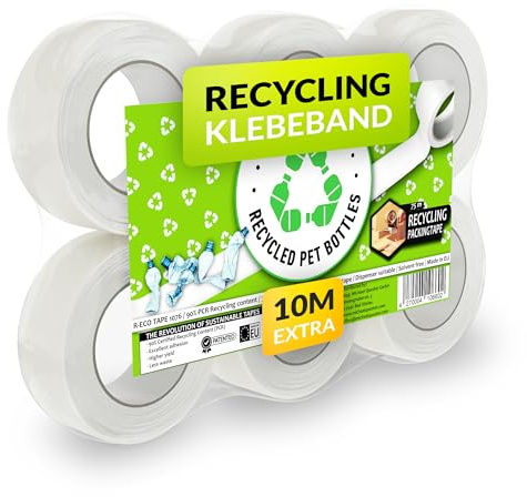 RECO Recycling Paketklebeband mit ECO Print - 36 Rollen x 75m Multipack Extralang - 50mm volle Breite | Transparentes Paketband | aus über 90% recyceltem Material, Universal Packband Klebeband