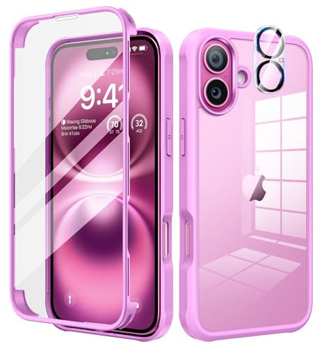 seacosmo Coque pour iPhone 16 6,1 Pouces, Antichoc Housse avec Verre Trempé et Caméra Protecteur [9H HD] 360° Protégé Etui Double Face Case Robuste Transparent Intégrale Coque pour iPhone 16 - Rose