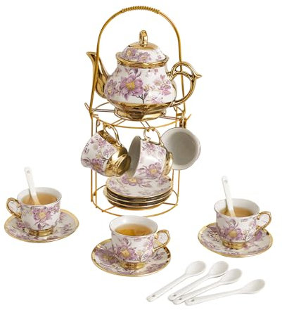 20 Piece Ceramic Tea Sets, 3 oz Tea Cup and Saucer Set, Porcelain Tea Sets with 15 oz Teapot, Afternoon Tea Set, Coffee Set with Metal Cup Holder, Colorful Tea Cups Sets of 6, Teapot and Cup Set