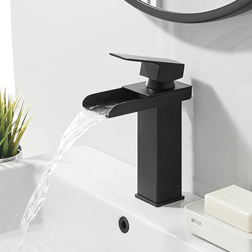 Robinet de salle de bain XWIHTR Waterfall, robinet de salle de bain en laiton et acier inoxydable, économie d'eau, robinet de lavabo, double bec chaud/froid, robinet de lavabo à poignée unique (noir)