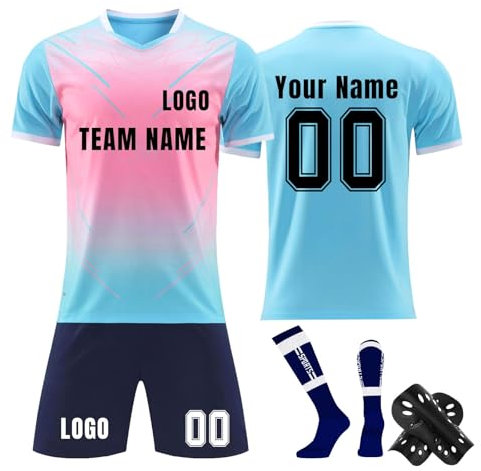 Generisch Herren Personalised Fußball Trikot Atmungsaktiv Football Spieltrikot Individuelles Fußballtrikots Sport Jersey Anzug Fussball T-Shirts Shorts Socken Schienbeinschoner Set A06 Sky Blue