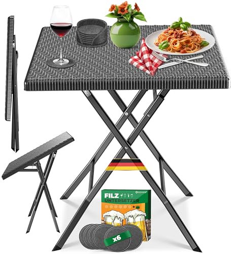 KESSER® Balkontisch klappbar | Wetterfest/UV-beständig Balkonmöbel | Beschichteter Stahl & Rattan-Optik | Outdoor Gartentisch | Gartenmöbel mit 6 Filz-Untersetzer | Bistrotisch bis zu 100 kg belastbar