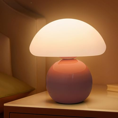 Lampe de table LED en forme de champignon rose, à intensité variable, avec 3 modes de luminosité, corps en céramique et abat-jour en polyéthylène, lampe de chevet, décoration de salon, chambre à