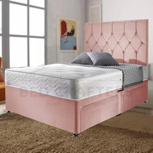 BED CRAFTERS Abuja Divan Double Bed | Plush 26” Headboard with Mattress Included | 2 Footend Storage Drawers Divan Base (Pink (No Mattress), 4FT Small Double (No Drawers))