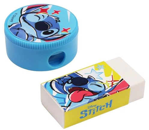 DISNEY Stitch ENSEMBLE de fournitures scolaires : taille-crayon, taille-crayons + gomme SET (A)